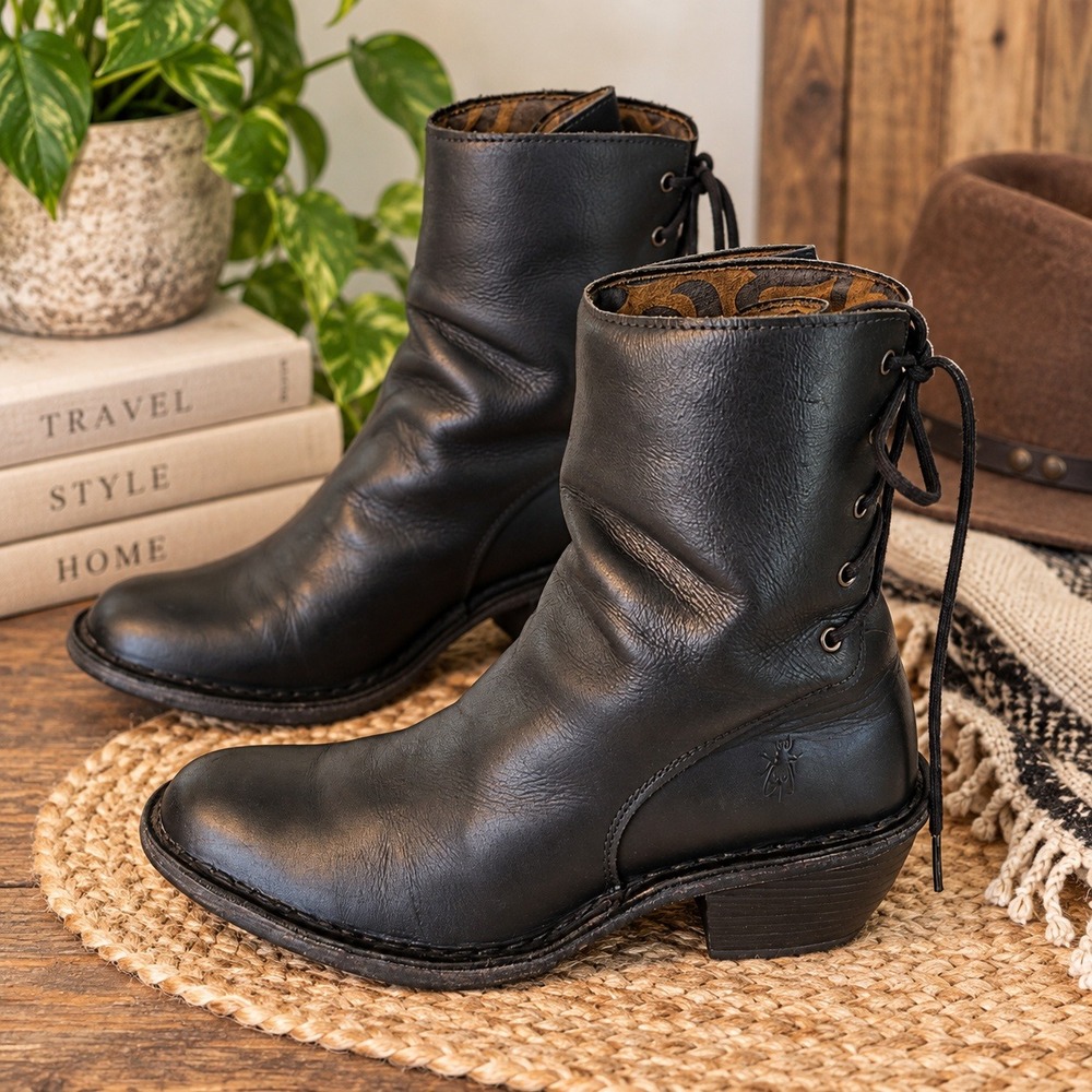 Fly London Black Boots Size 7 Leather Lace Up Back Ankle Block Heel EU 37